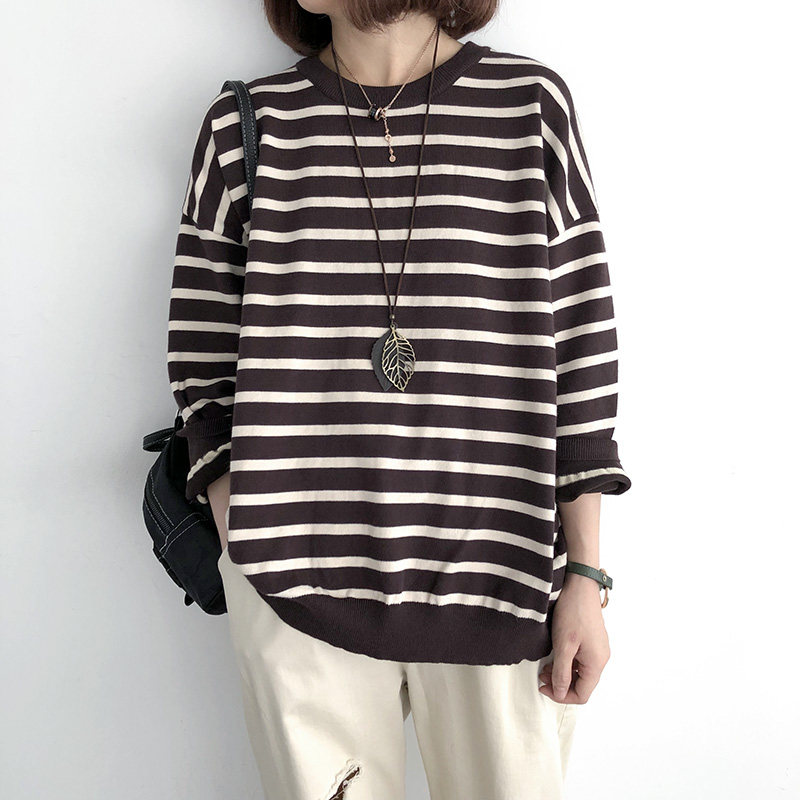 春秋套头针织衫女宽松大码条纹内搭长袖上衣外穿薄款低领打底毛衣
