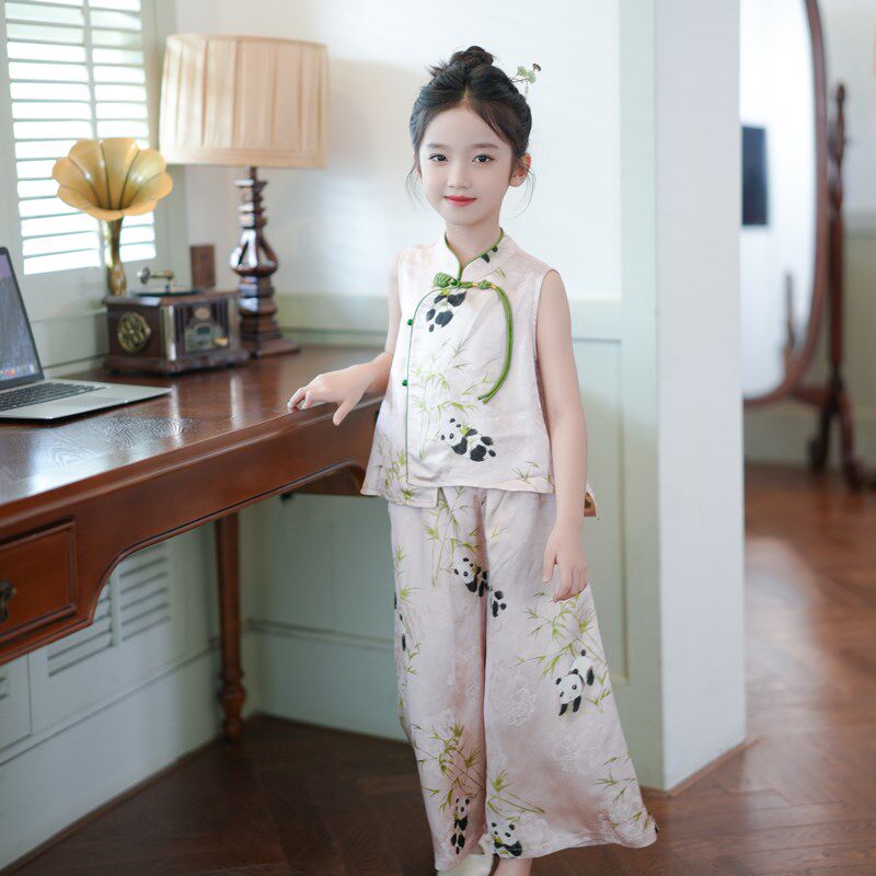 儿童夏季汉服套装新中式国风2024新款女童改良旗袍上衣裤子两件套