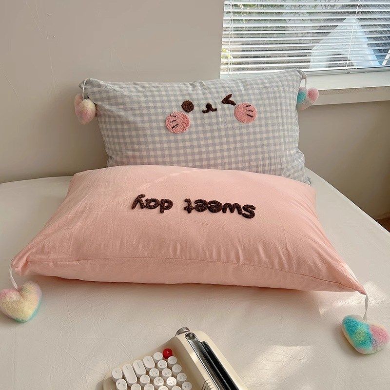 小清新毛巾绣全棉水洗棉枕头套一对装学生宿舍枕芯套单个纯棉整套