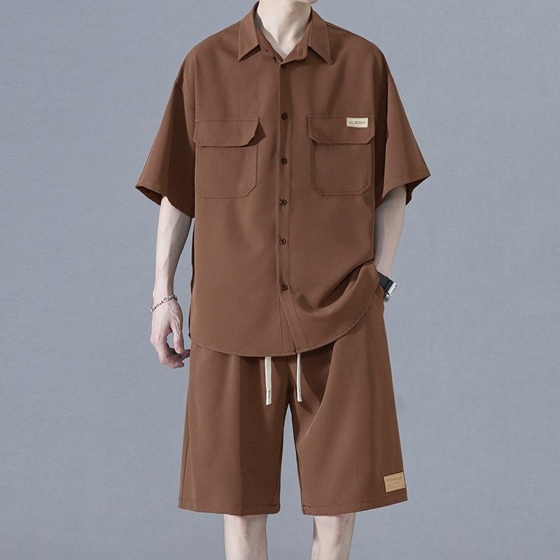 胖子夏季五分袖短衬衫工装套装男士宽松加肥加大码薄款休闲套装潮,男装,休闲运动套装,淘宝优惠券,粉丝福利购,淘宝优惠卷