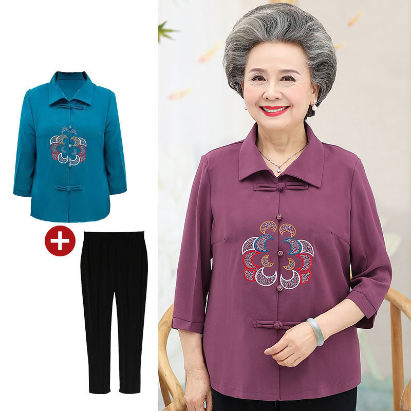 中老年人女装夏装衬衫60-70岁80老人衣服奶奶装妈妈春装衬衣套装