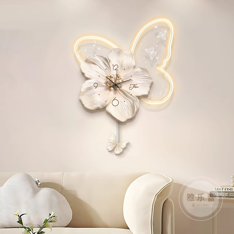 奶油风客厅挂钟2024新款家用创意摇摆钟表温壁灯画馨花卉挂墙时钟,家居饰品,现代装饰画,淘宝优惠券,粉丝福利购,淘宝优惠卷