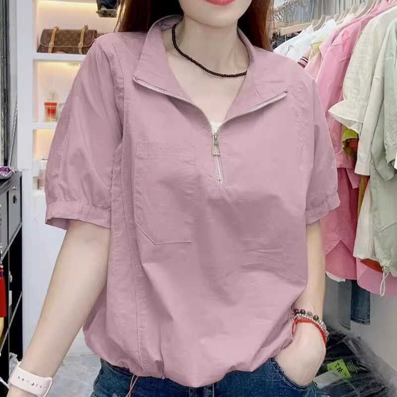 薄款纯棉短袖衬衣拉链翻领收腰衬衫夏季新款短款娃娃衫宽松上衣女,女装/女士精品,真丝上装,淘宝优惠券,粉丝福利购,淘宝优惠卷