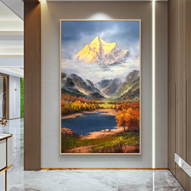 手绘油画风景山水装饰画挂画欧式入户玄关招财美式壁画金山定制画