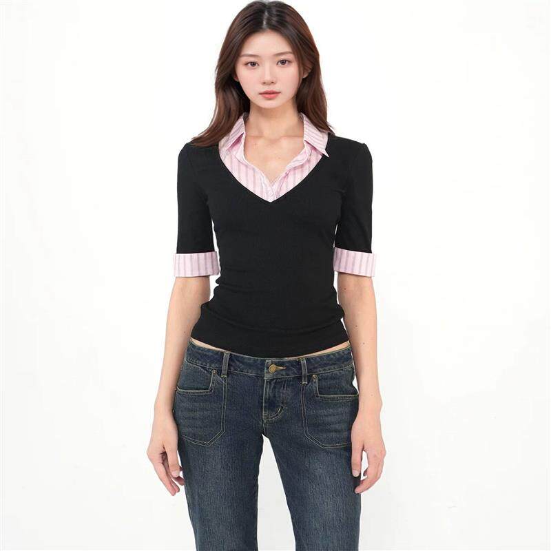 正品高货现货速发Jim Kennet粉色衬衫领拼接针织收腰显瘦上衣