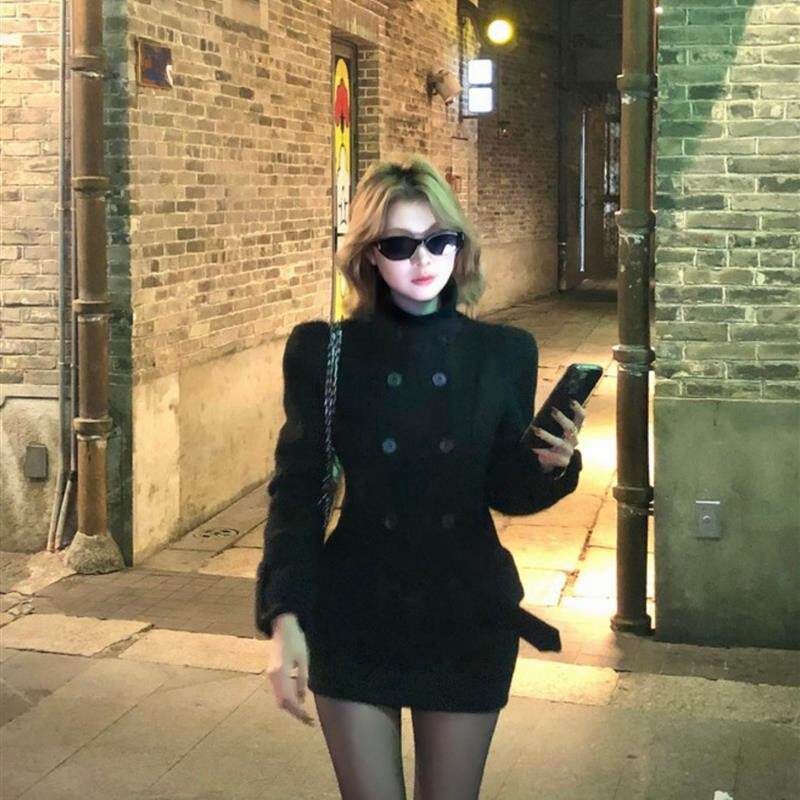 正品高货气质时尚套装女秋冬季小个子黑色收腰毛呢外套包臀半身裙