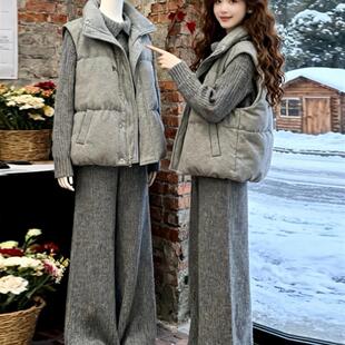 正品高货入冬穿搭一整套装女大码胖mm棉服马甲针织衫休闲裤简约慵