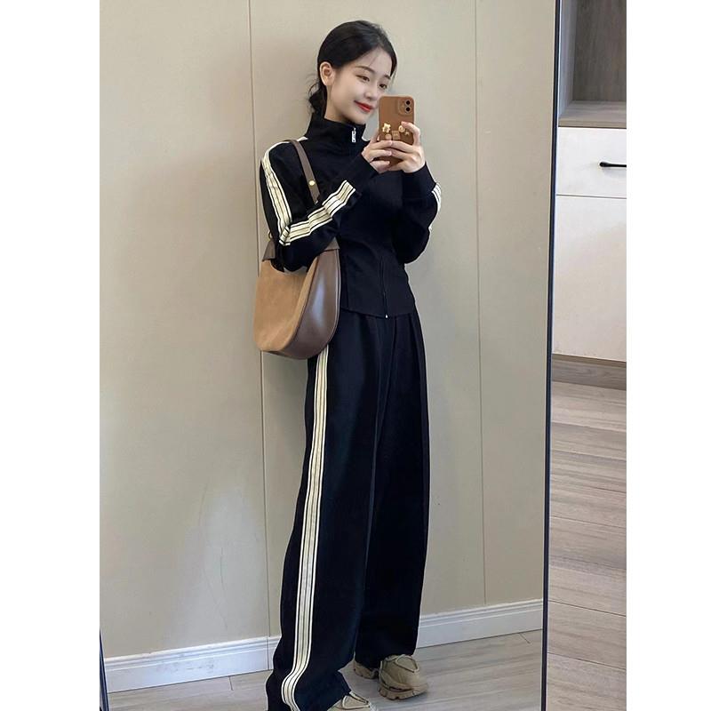 正品高货高级感鱼骨运动套装女春秋欧货休闲加绒黑色卫衣两件套小