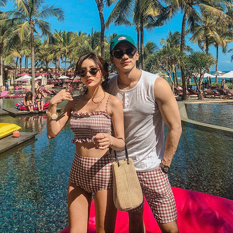 正品泳衣女复古格子高腰情侣女分体比基尼男沙滩裤蜜月度假温泉游