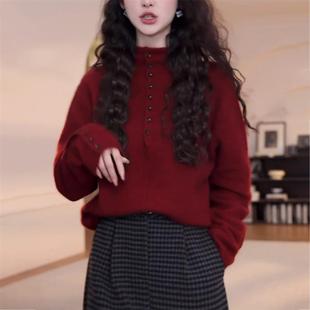 正品 慵懒高级感内搭加厚半高领针织打 高货圣诞红色毛衣女士秋冬季