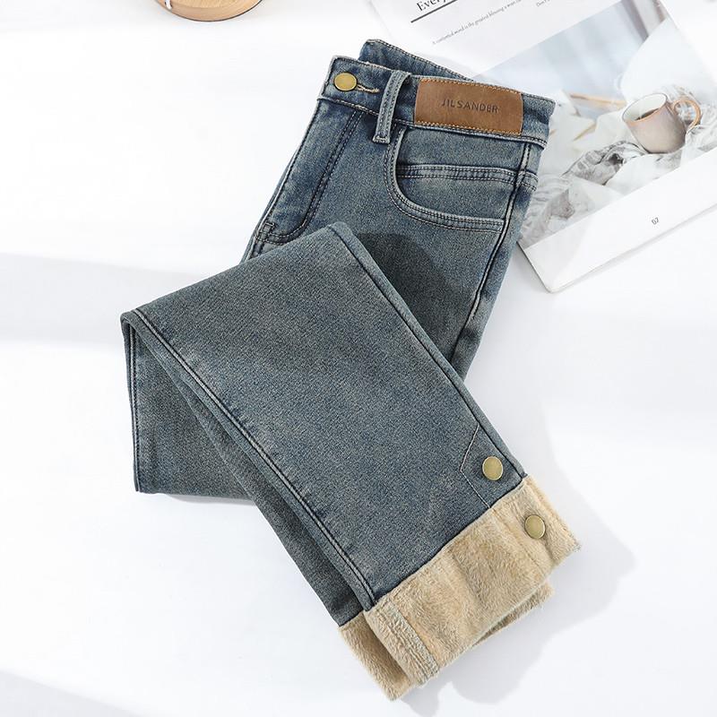 正品高货加绒烟管裤女2024年秋冬新款高腰爆款直筒牛仔裤法棍裤小