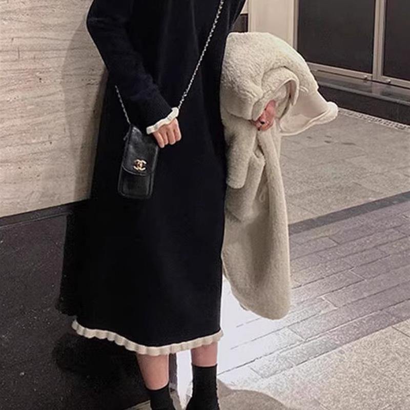 正品高货2025秋冬季小个子气质感黑色毛衣针织连衣裙子女装新款高