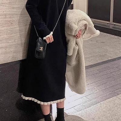 正品高货2025秋冬季小个子气质感黑色毛衣针织连衣裙子女装新款高