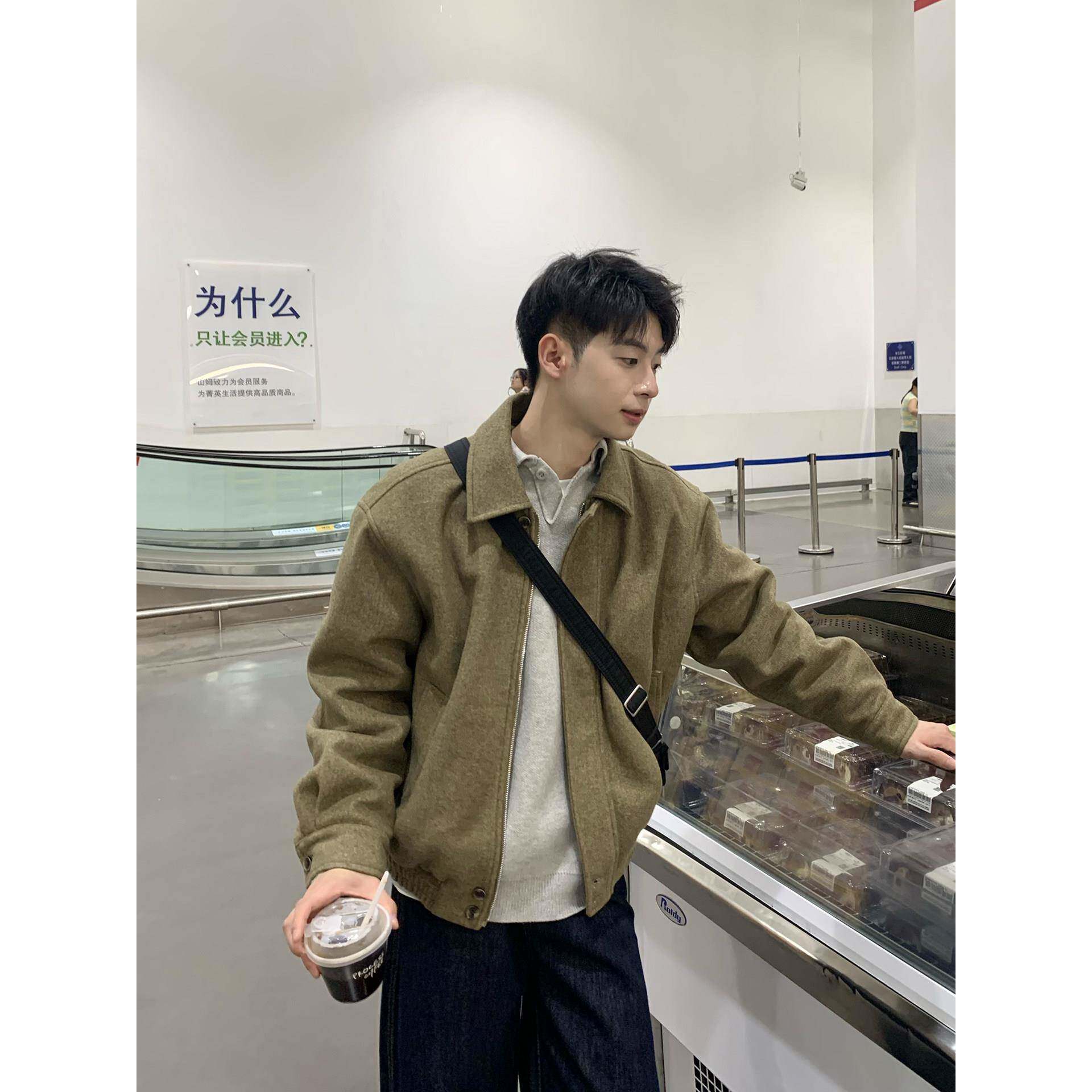 速发高货翻领短款夹克毛呢棉服男生韩系冬季新款保暖加厚上衣轻薄