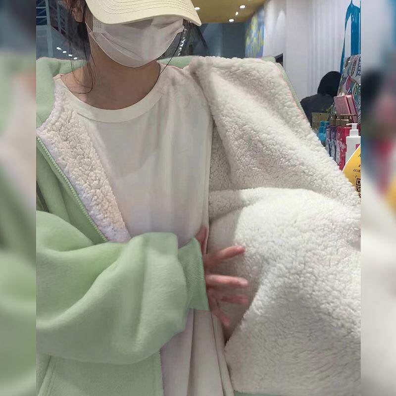 正品高货加绒加厚卫衣外套女秋冬季羊羔绒2024新款初中生连帽羊羔