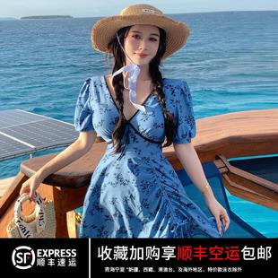 保守 正品 复古碎花深V性感泳衣女大码 微胖mm显瘦遮肉连体裙式 短袖
