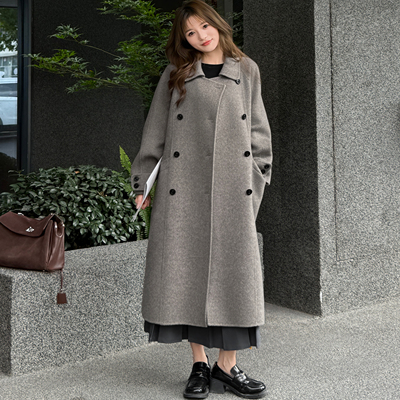 5518 冬季时尚宽松大版娃娃领双排扣挽袖长款小个子韩版羊毛大衣
