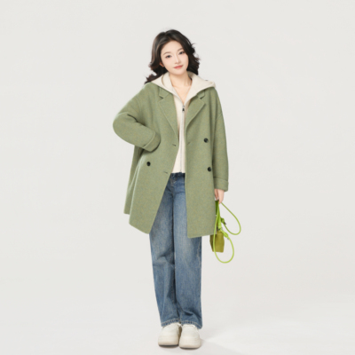 秋冬高级感经典韩版四粒扣长短款羊毛大衣+连帽羊毛马甲两件套