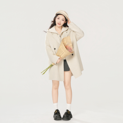 秋冬韩版四粒扣长短款羊毛大衣+连帽羊毛马甲两件套秋冬高级感