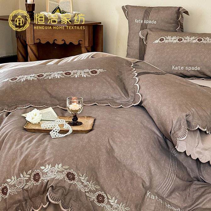 轻奢裸睡全棉双层纱四件套高端花卉刺绣印染纯棉被套床单床上用品