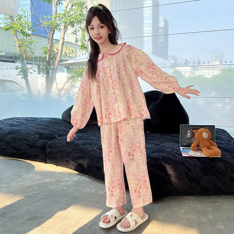 春秋儿童纯棉家居服新款洋气甜y美公主碎花开衫睡衣套装女童空调