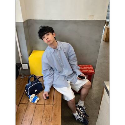 MeeLoo韩系少年感度假长袖衬衫男宽松日系格子纯棉外套防晒薄衬衣