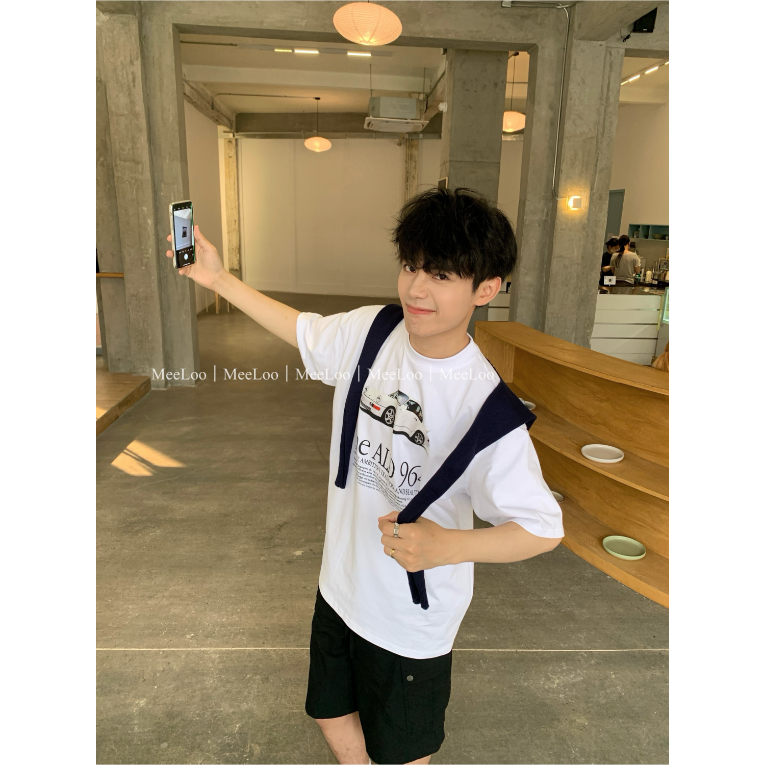 MeeLoo新款韩系披肩设计感短袖t恤跑车印花ins风宽松重磅纯棉上衣