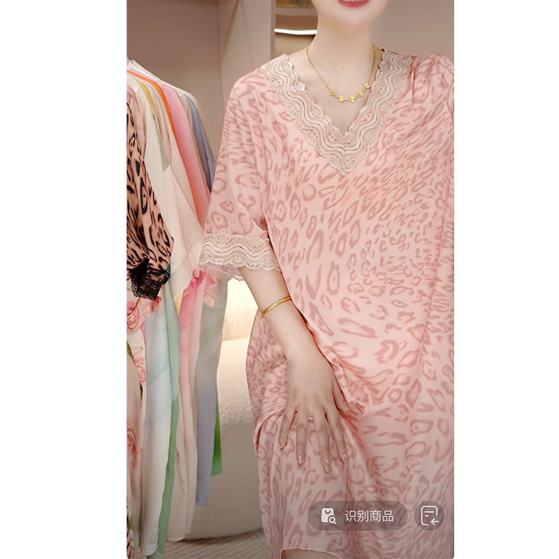 2026新款冰丝绸睡裙女夏季薄款蕾丝草莓性感宽松短袖睡衣裙连衣裙