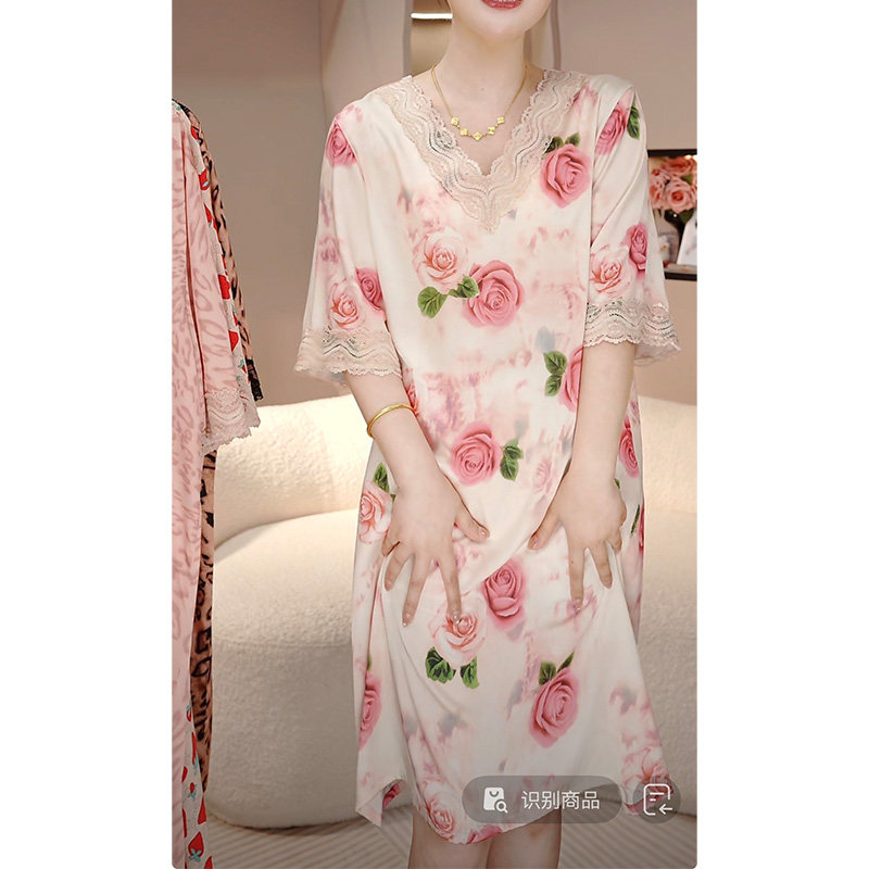 2026新款冰丝绸睡裙女夏季薄款蕾丝草莓性感宽松短袖睡衣裙连衣裙