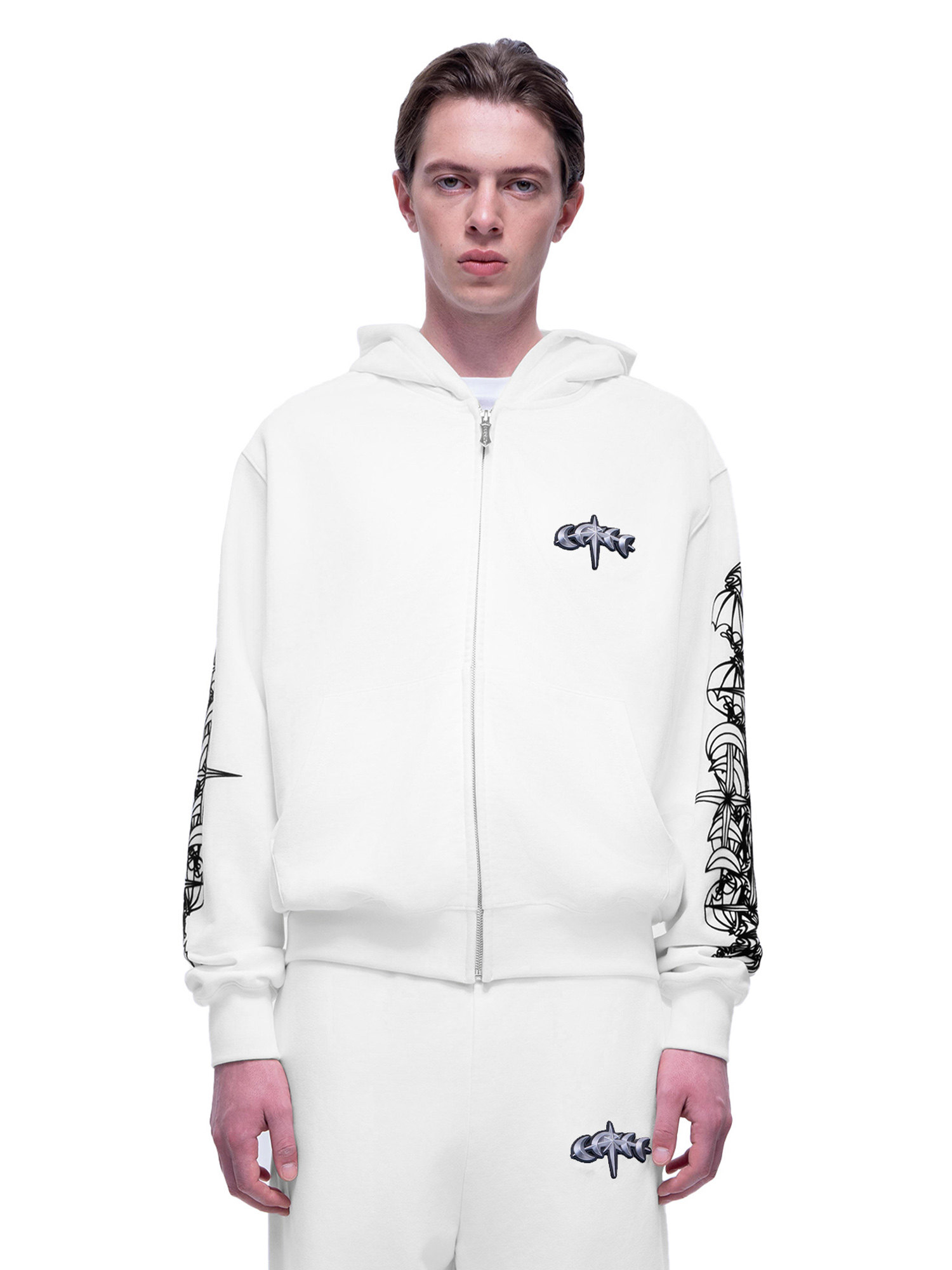 (TBHNP) theboyhasnopatience Shuguang Huiyue Xinghui logo flocking zipper sweater hooded