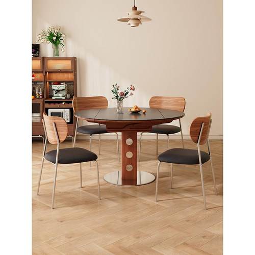 中古风可伸缩实木岩板餐桌可变圆桌家用小户型折叠法式覆古风饭桌