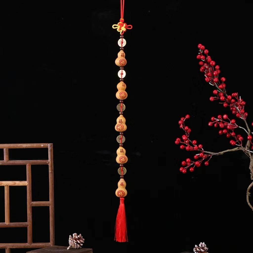 天然纳福小葫芦五福临门挂件铜钱串珠门帘家居客厅装饰真铜五帝钱