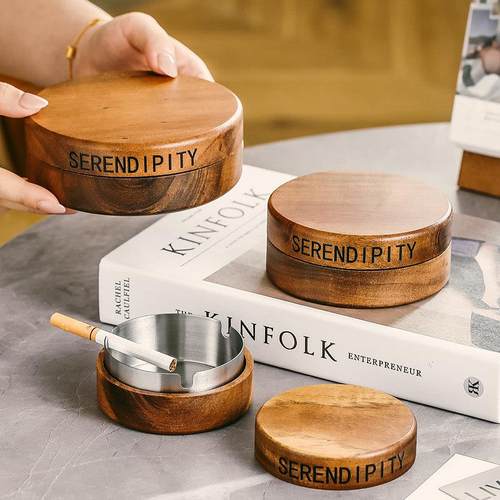 复古防飞灰实木烟灰缸家用客厅创意带盖烟缸高档办公室高级感摆件