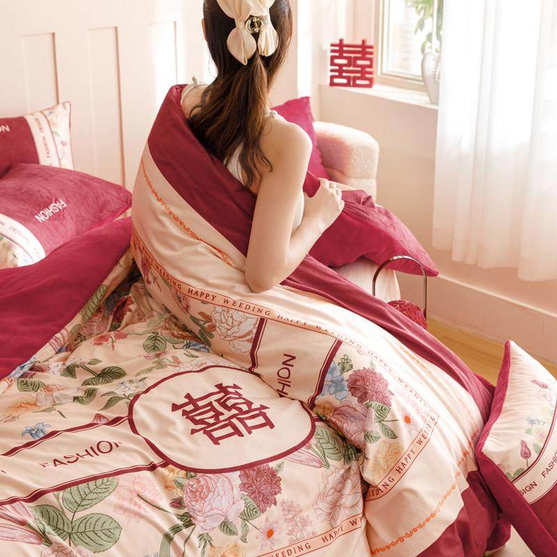 冬季牛奶绒结婚四件套轻奢红色印花被套床单喜被婚庆陪嫁床上用品