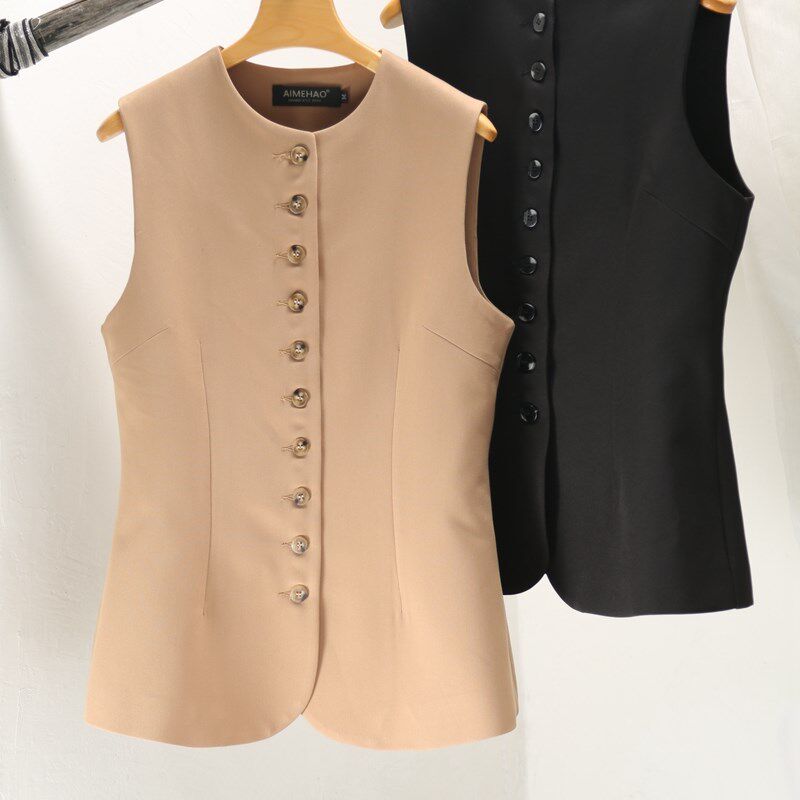 24新款多扣休闲修身显瘦中长款西装马甲女秋冬圆领小外套黑色