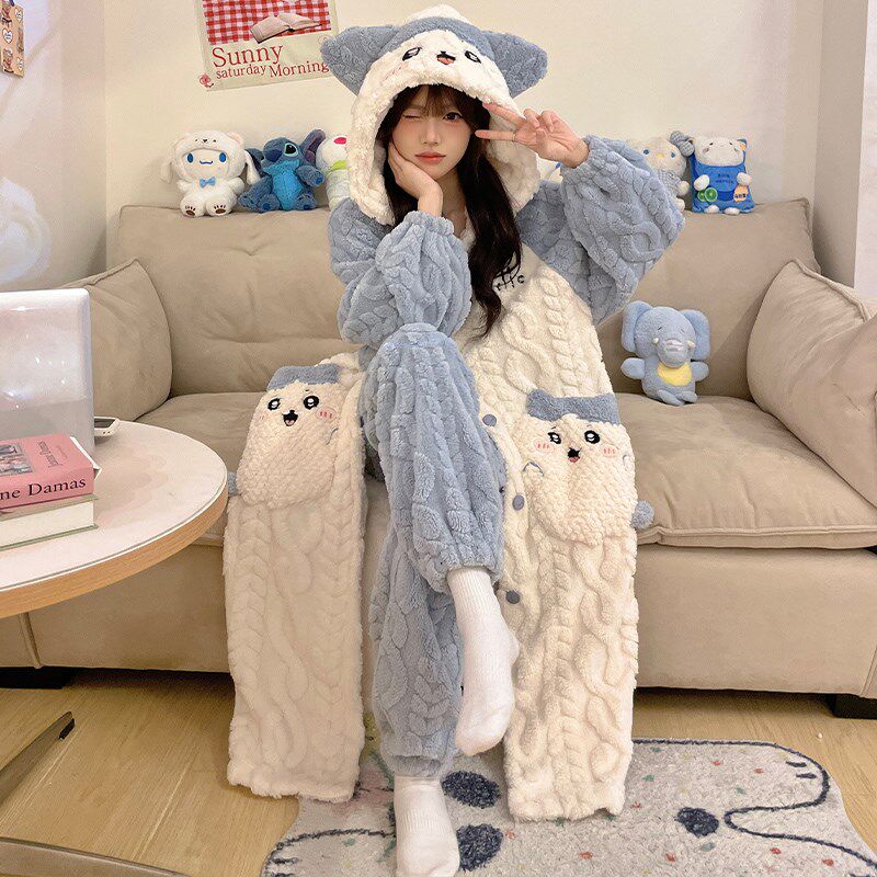 睡袍女款珊瑚绒秋冬季加厚法兰绒睡衣冬天保暖学生宽松家居服套装