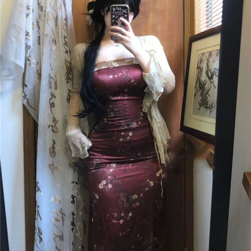 时尚复古轻奢修身收腰挂脖长裙两件套女旗袍改良设计感复古碎花潮