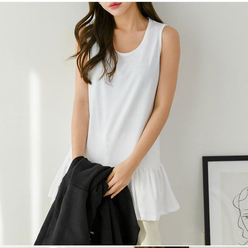 大码女装胖mm吊带白色背心女内搭宽松遮肚打底拼接下摆上衣外穿夏