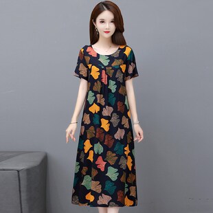 妈妈装连衣裙夏季2024新款大码棉绸短袖中老年女50岁60中长款裙子