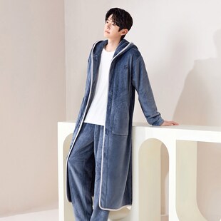 睡袍男法兰绒浴袍家居服 珊瑚绒加绒加厚冬天加长款 男士 睡衣秋冬季