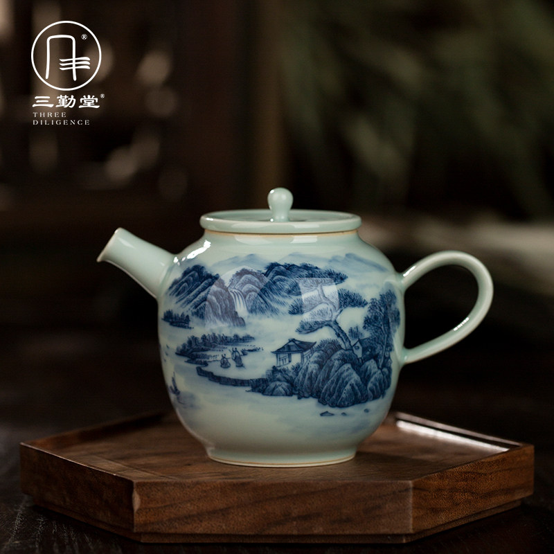 三勤堂山水茶壶青花纯手工茶壶泡茶家用单人容量过滤功夫茶具单壶