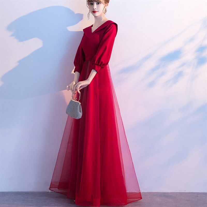 红色敬酒服2021秋季新款新娘晚礼服遮肚长款纱裙回门便装连衣裙女