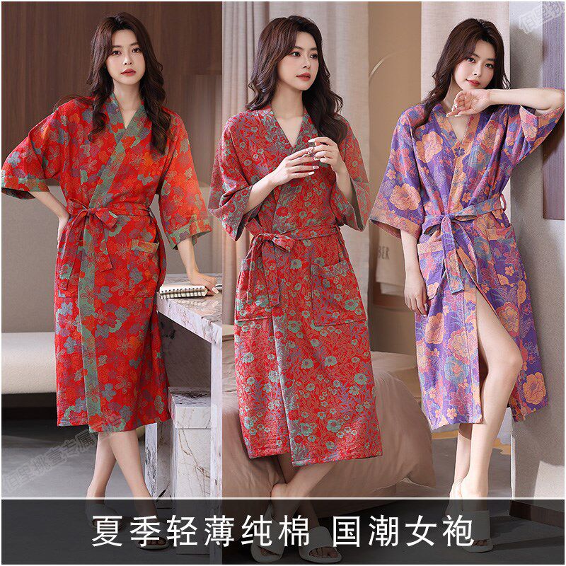 中国风夏季薄款纯棉双层纱布女式浴袍女士全棉晨袍睡袍显瘦家居服