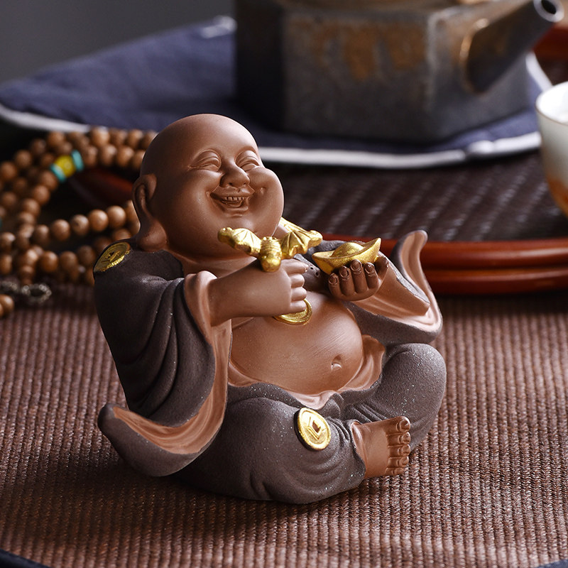 紫砂招财弥勒佛茶宠精品陶瓷大肚笑佛茶桌茶台禅意佛像装饰摆件
