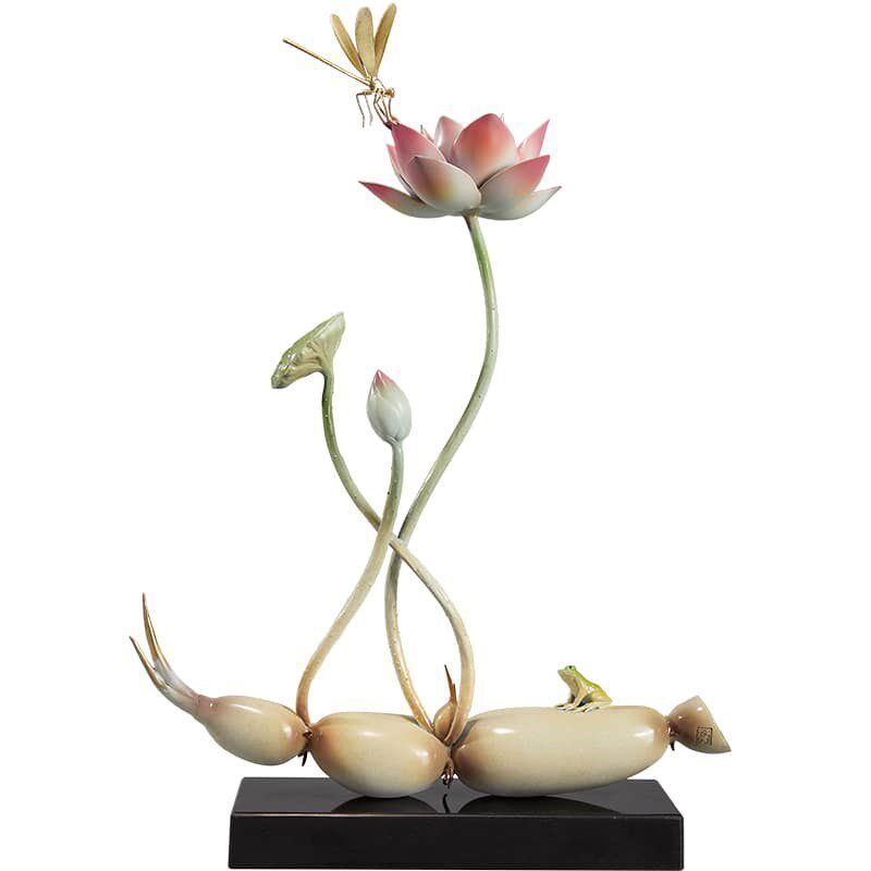 新铜时代莲藕蜻蜓中秋莲花摆件纯铜电视柜客厅边几中式玄关装饰