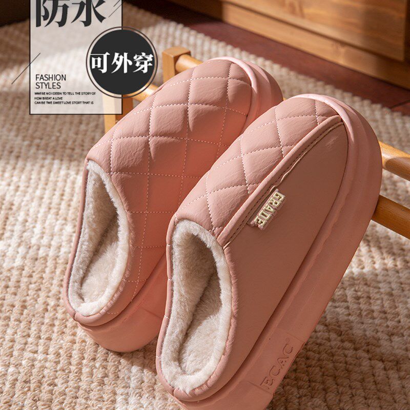 棉拖鞋女款2025新款冬季皮面可外穿防水防滑家居室内保暖拖鞋男士