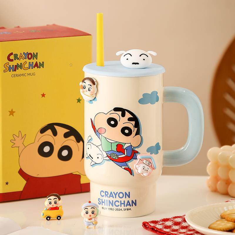 蜡笔小新联名马克杯大容量陶瓷吸管杯情侣款可爱带盖家用喝水杯子