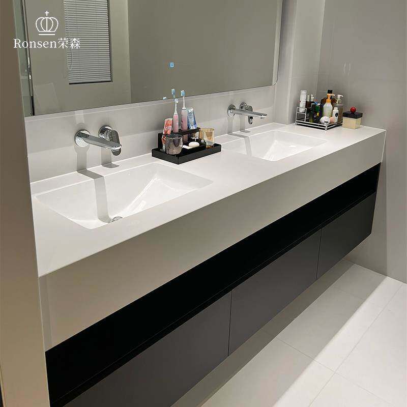 定制双盆岩板热弯无缝陶瓷一体盆酒店风浴室柜组合卫生间洗漱台盆