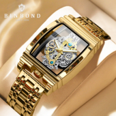 BINBOND时尚 镂空男士 手表齿轮条方形男表金色手表男非机械表