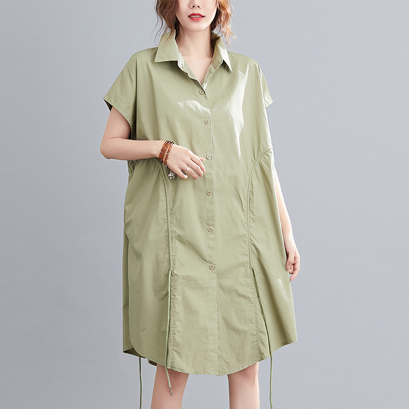 大码女装胖mm遮肚子连衣裙2021年新款夏季纯色拼接显瘦气质衬衫裙